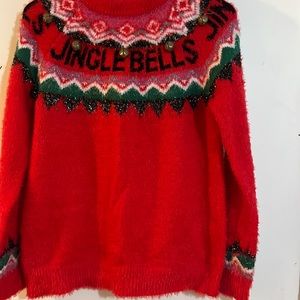 Christmas sweater. Red. Colorful details and real gold bells that jingle.